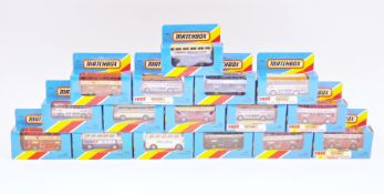 Collection of 16 boxed Matchbox diecast buses, 1980's editions, including 9xMB17 London Bus,