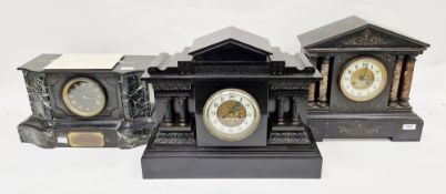 Two Victorian slate and marble mantel clocks of architectural form, both with gilt faces with