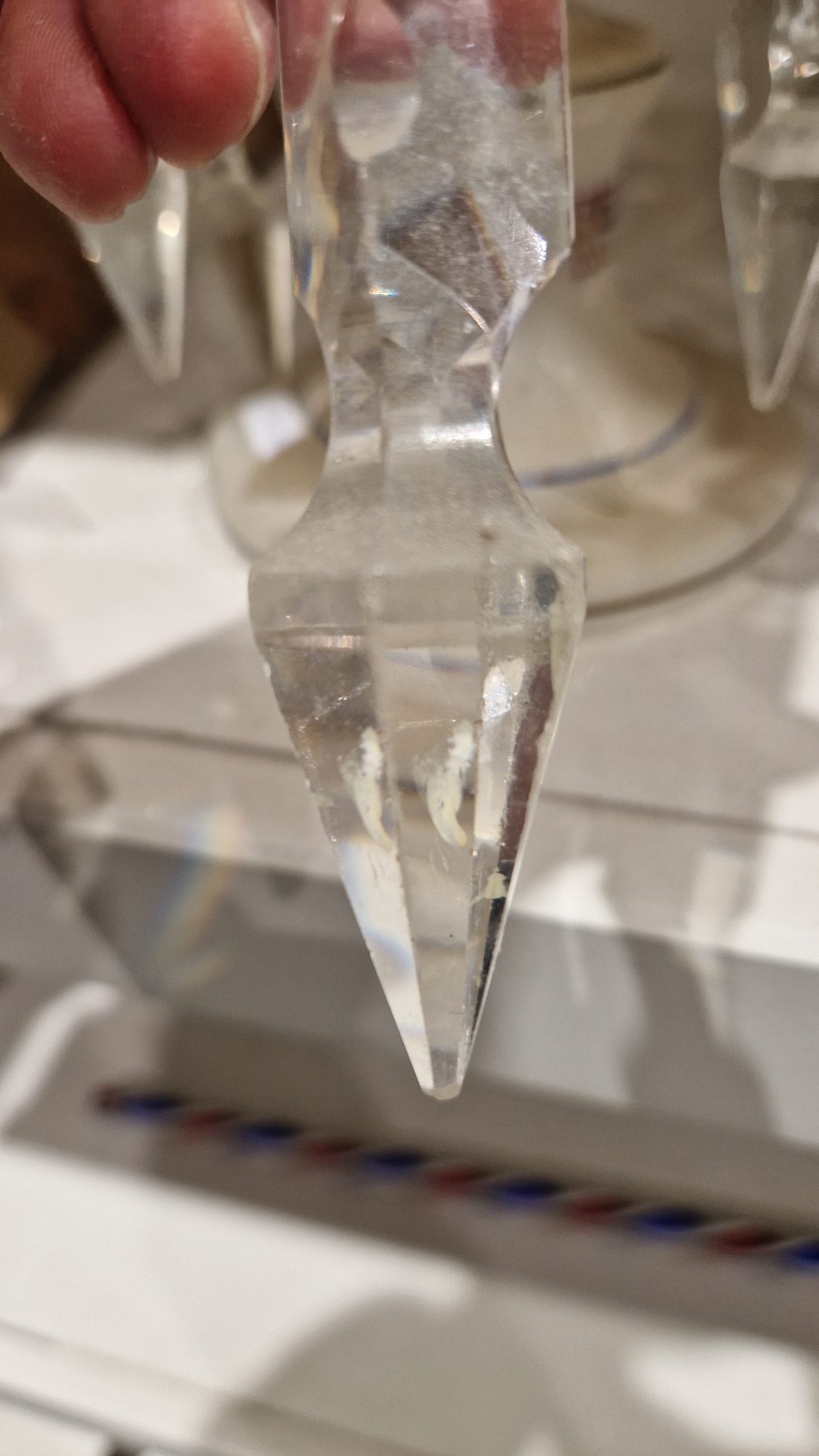 Two Victorian frosted opaque and gilt glass lustres, suspending pendant drops, four clear glass - Image 13 of 23