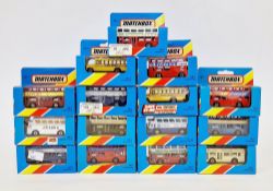 Collection of 15 boxed Matchbox diecast buses, 1980's editions, including 12xMB17 London buses,