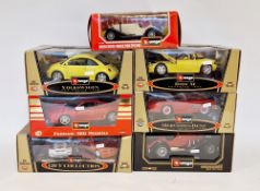Seven boxed Burago diecast model cars to include 1/18 scale Diamonds Mercedes Benz SSK (1928), 1/