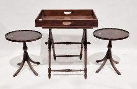 19th century oak butlers tray on stand, the rectangular tray with pierced handles, raised on a