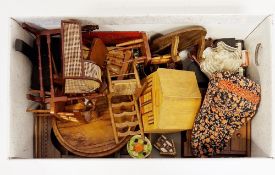 Collection of wooden doll's house furniture and accessories including chest of drawers, tables and