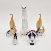Norwegian (Porsgrund) porcelain model of a mink, a pair of Russian (Lomonsov) peacock salt and