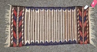 Baluch flat woven 'Sofreh' eating cloth with 11 rows of chevrons in grey, blue and cream, 122cm x