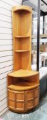 Mid-century retro Nathan teak tall corner cabinet with two shelves over a larger shelf and two