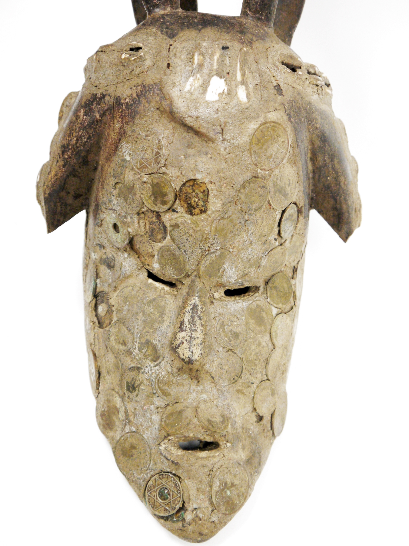 African tribal wooden face mask with integrated carved head piece, possibly Igbo, the long elongated - Image 2 of 4