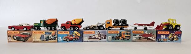 Seven boxed Matchbox Superfast 75 series diecast model cars to include No.19 Cement Truck, No.19