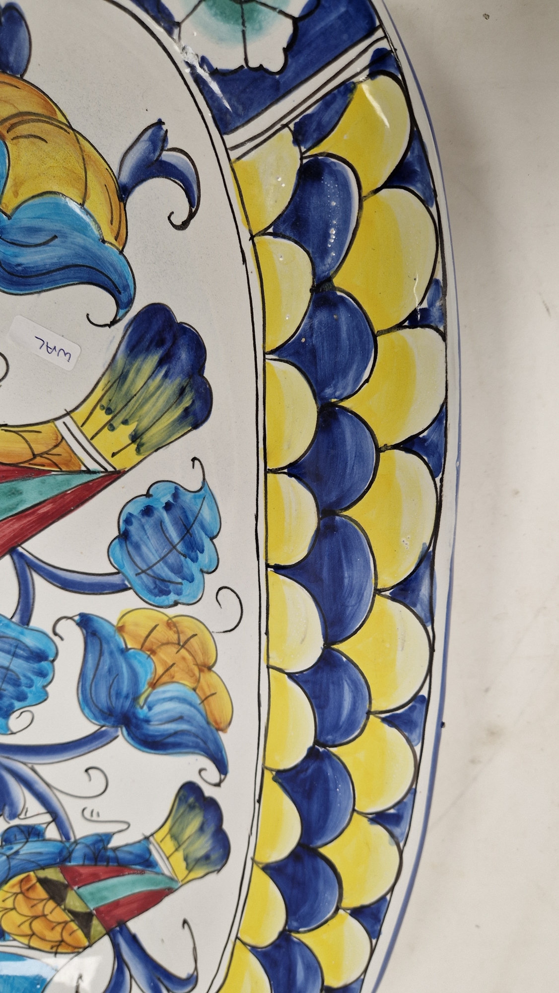 Italian pottery large charger, rounded square and decorated in bright polychrome colours with - Image 9 of 16