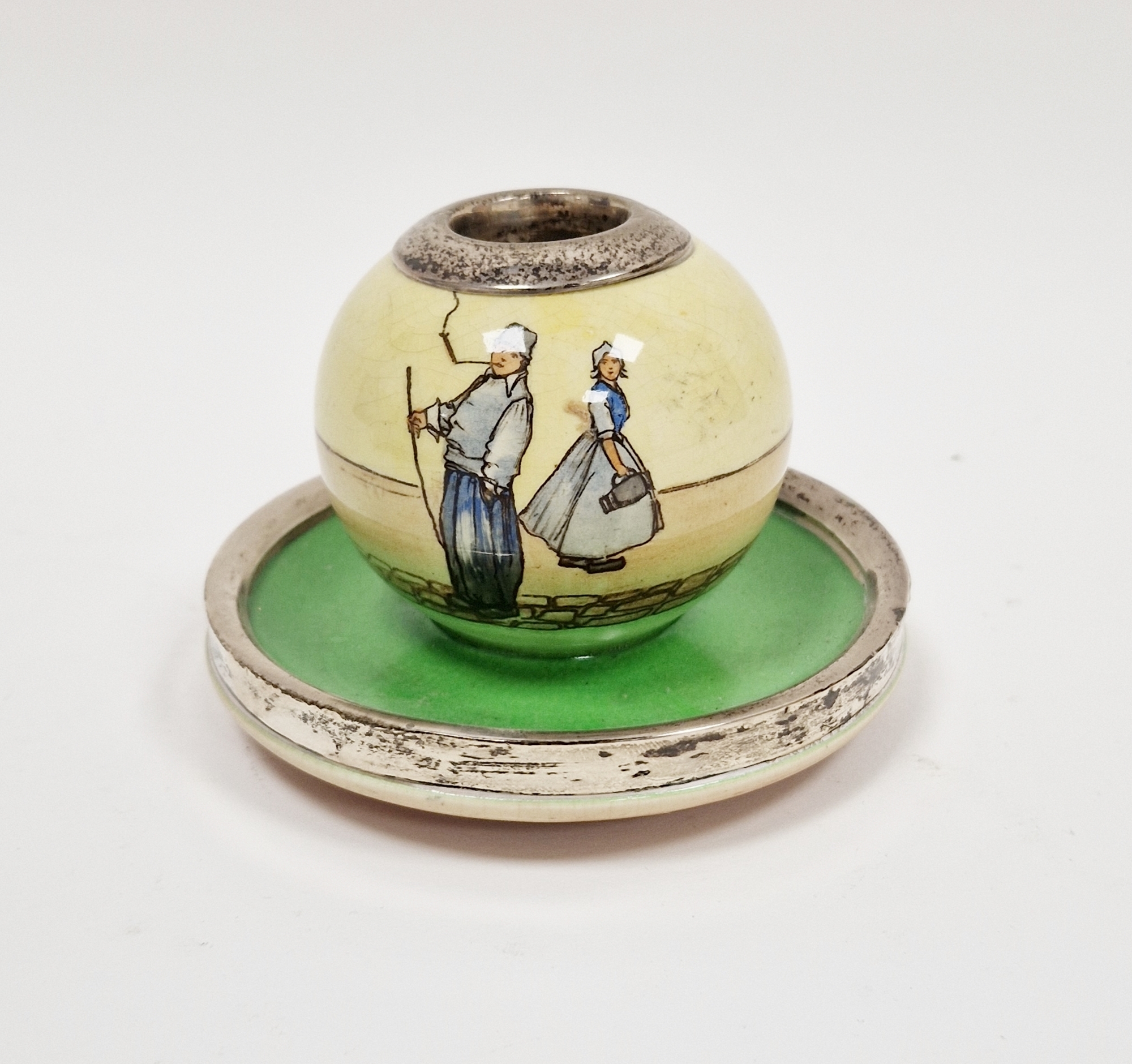 Royal Doulton silver-mounted match striker, of globular form, the silver rims hallmarked Birmingham,
