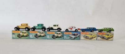 Six boxed Matchbox Superfast 75 series diecast model cars to include 3 X No.73 Model 'A' Ford (one