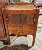 George III mahogany night stand of square form, the shaped galleried top with pierced carrying