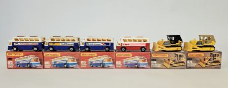 Six boxed Matchbox Superfast 75 series diecast model cars to include No.64 Caterpillar Bulldozer,