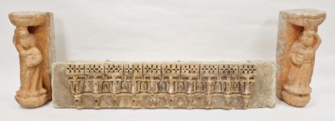 Indian sandstone carved architectural frieze, 18cm high x 79cm long and a pair of composite carved