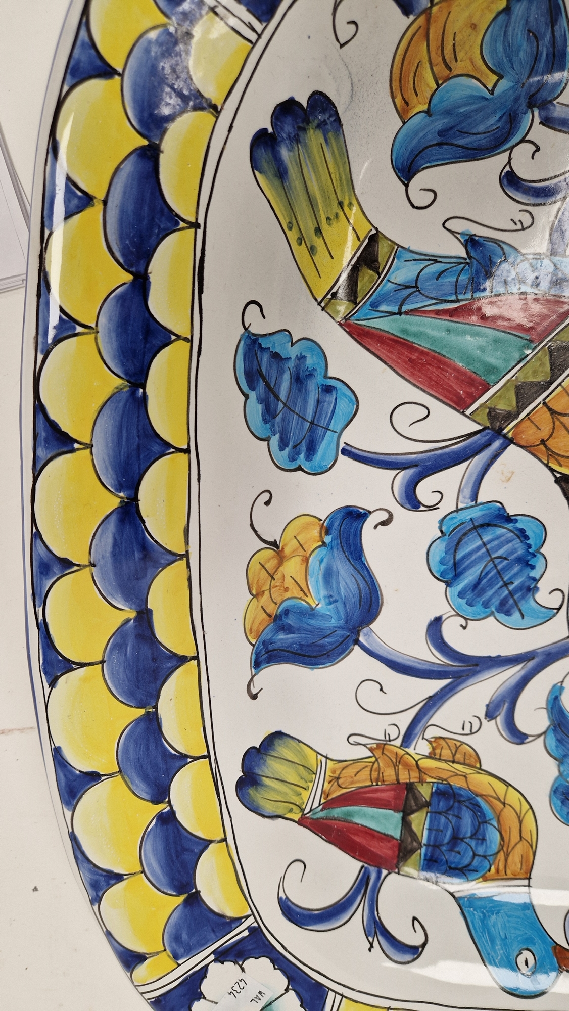 Italian pottery large charger, rounded square and decorated in bright polychrome colours with - Image 3 of 16