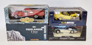 Three Ertl boxed diecast cars, 1:18 scale including Freelander Land Rover, American Muscle '70 EL