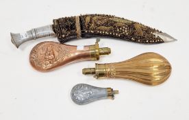 19th century copper and brass powder shot flask with embossed decoration of a hound surrounded by