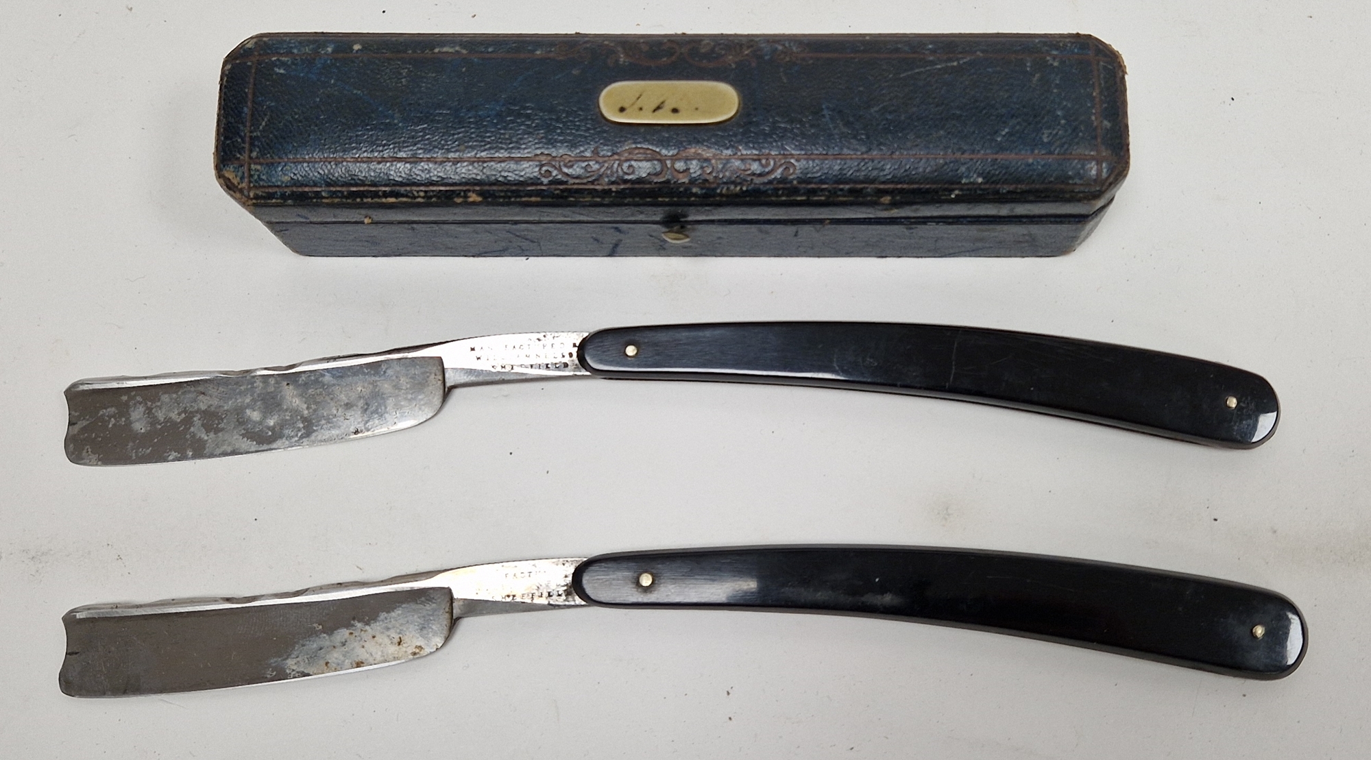 Late 19th / early 20th century leather cased set of two cut-throat razors, leather cased razing - Image 8 of 8
