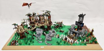 Large Lego Star Wars Endor diorama featuring several Lego sets to include No.10212 Imperial Shuttle,