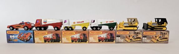 Six boxed Matchbox Superfast 75 series diecast model cars to include 3 X No.63 Freeway Gas Tanker (