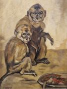J Weyers (20th century) Oil on canvas Two monkeys crouching before a bowl of food, signed lower