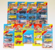 Six Matchbox carded three diecast vehicle sets, all MB-860, two Matchbox carded Pricebusters three