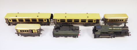 Two Hornby Pullman coaches with crests, in brown and cream, Hornby Corsair coach and another Ansonia