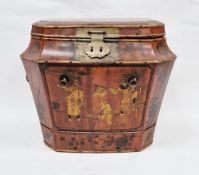 Chinese red lacquered wedding box of octagonal tapering form with brass clasp and carrying