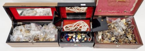Lacquer jewellery box and contents of costume jewellery and two other boxes of assorted costume