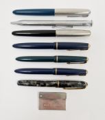 Collection of seven pens including three Parker fountain pens with 14ct nibs, a Burnham fountain pen