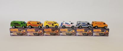 Six boxed Matchbox Superfast 75 series diecast model cars No.68 Chevrolet Van  to include one in
