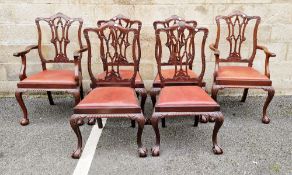 Set of six mahogany dining chairs in the Chippendale Revival manner, with ornately carved pierced