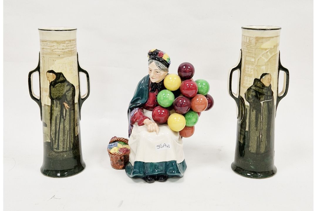 Royal Doulton figure 'The Old Balloon Seller' HN1315 and pair Doulton series ware monk decorated