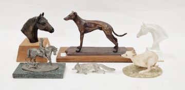 Collection of six model animals including a cast metal greyhound on wooden plinth base, 15cm high, a