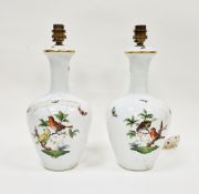 Pair of Herend Rothschild Birds pattern osier-moulded lamp bases, printed blue marks (damages).