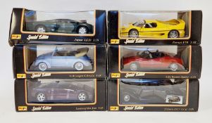Six Maisto special edition boxed diecast cars, 1:18 scale including Ferrari F50, Citroen 15CV