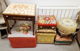 Collection of eight stools including an Edwardian rosewood inlaid piano stool, 49cm high x 49cm wide