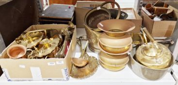 Mixed lot of brass and copper ware including spittoons, kettle, jam pan, coal scuttle, ladles,