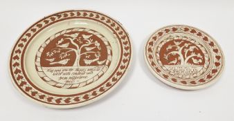 Two Wharf Pottery (Mary Wondraush) slipware plates, in sizes, each decorated in cream slip with