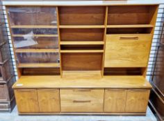 Mid century retro teak wall cabinet by Meredew, the upper section comprising two glazed doors