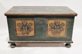 Large 19th century continental painted pine blanket box/marriage chest, the hinged lid opening to