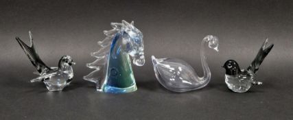 V Nason Murano glass horse head, two Murano grey glass birds and glass swan, the birds and horse