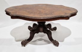 Victorian walnut and burr walnut tilt-top breakfast table, the shaped top with scrolling floral