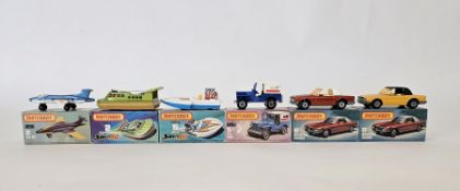 Six boxed Matchbox Superfast 75 series diecast model cars to include No.2 S-2 Jet, No.2 Rescue