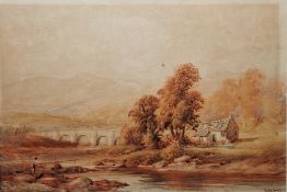 W. P. H. Foster (19th/20th century) Watercolour Rural river scene, Llaneltyd Bridge,  with fisherman