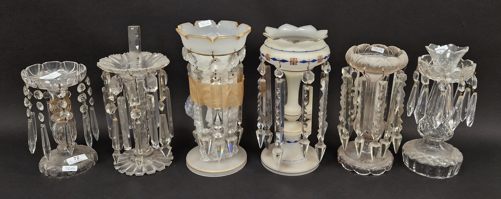 Two Victorian frosted opaque and gilt glass lustres, suspending pendant drops, four clear glass