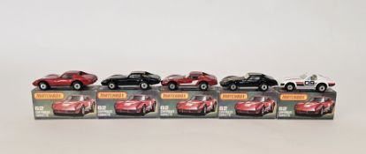 Five boxed Matchbox Superfast 75 series diecast model cars No.62 Chevrolet Corvette to include red