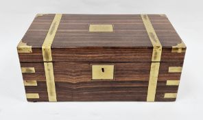 19th century coromandel and brass bound writing slope, the hinged lid with a brass presentation