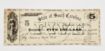 South Carolina Revenue Bond, 1872 Five Dollars, remarkable condition for this post American Civil