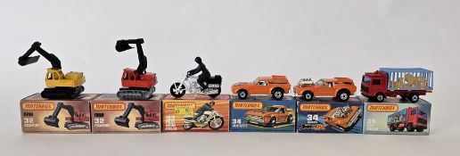 Six boxed Matchbox Superfast 75 series diecast model cars to include No. 32 Excavator (yellow and